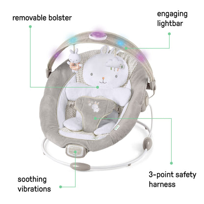 Ingenuity InLighten Baby Bouncer Infant Seat with Light Up -Toy Bar, Vibrations, Tummy Time Pillow & Sounds, 0-6 Months Up to 20 lbs (Twinkle Tails Bunny)