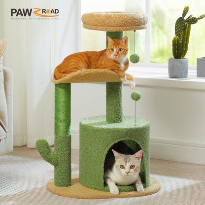 PAWZ Road Cactus Cat Tree Small Cat Tower 32” Cat Scratching Post with Curved Perch, Cozy Cat Condo, Removable Padded Top Bed for Kittens and Indoor Cats-Green