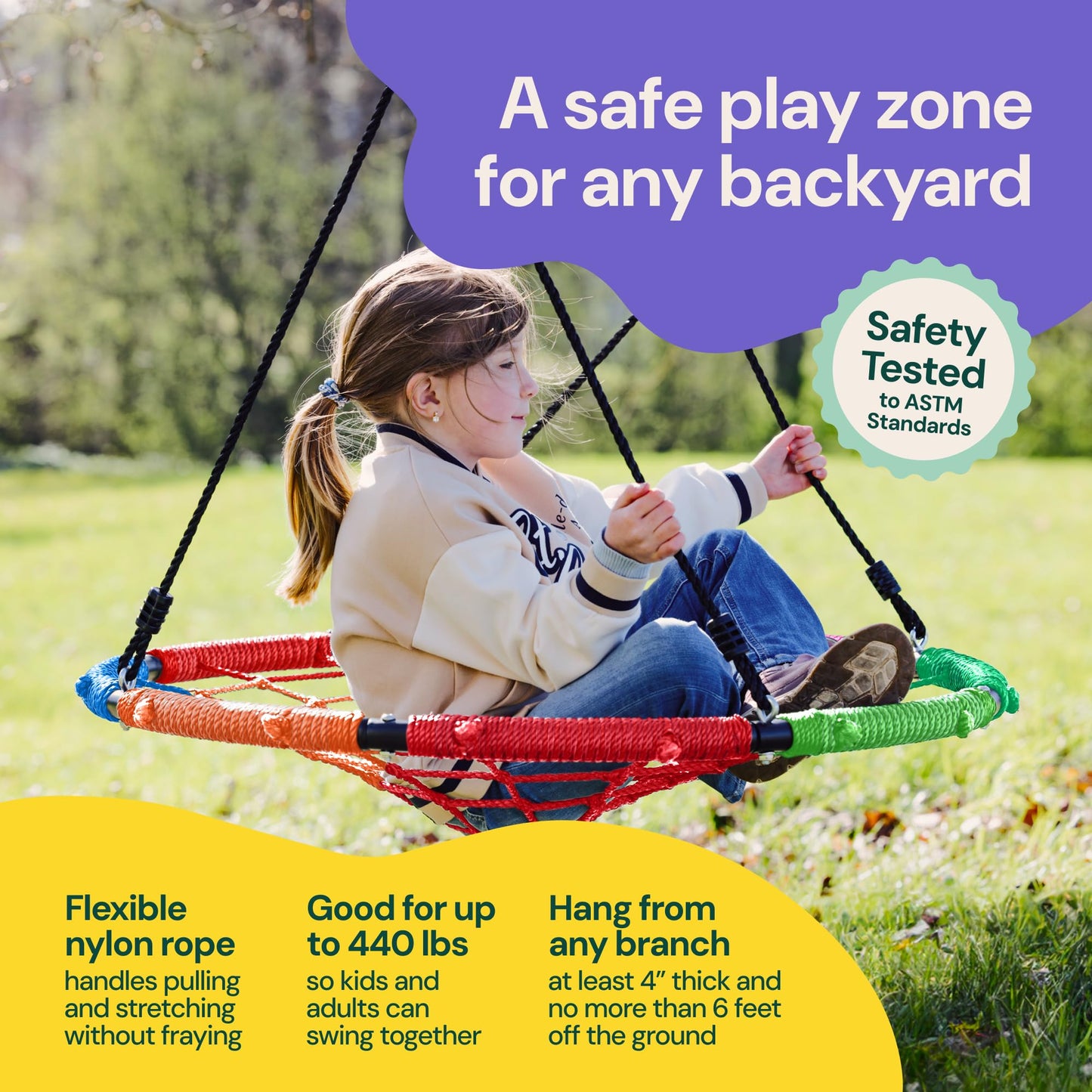 PLAYVIBE Spider Web Tree Swing - 40 in Multicolor Saucer Swing - 440 lb Capacity with Hanging Straps & Carabiners - Weather-Resistant Outdoor Play for Kids & Toddlers - Fits Trees, Playsets & Gyms