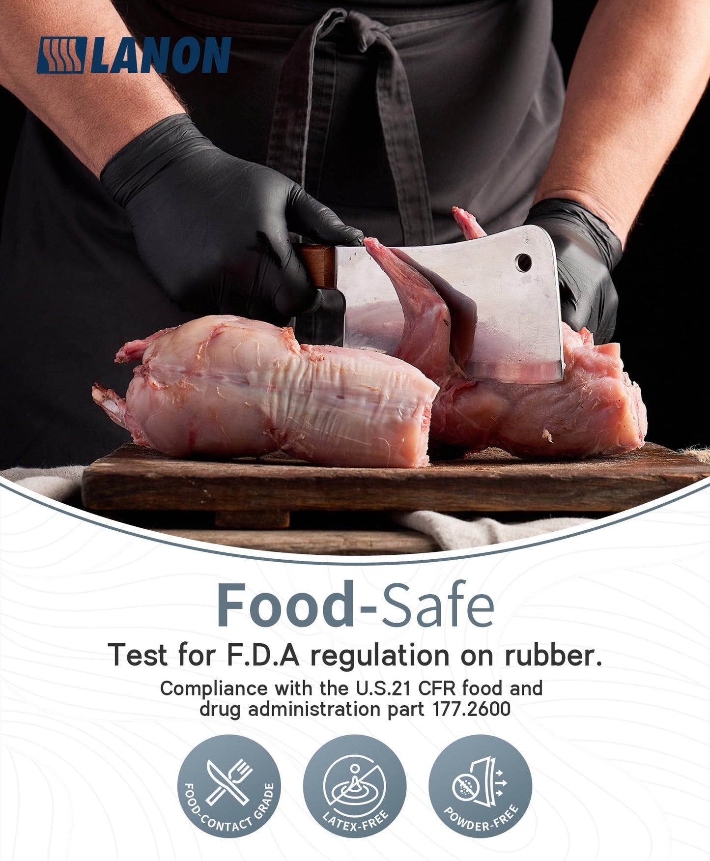 LANON Food Safe Disposable Nitrile Gloves, Latex-Free, Powder-Free, Silicone-Free, Textured Fingertips, Cooking, Black，Medium