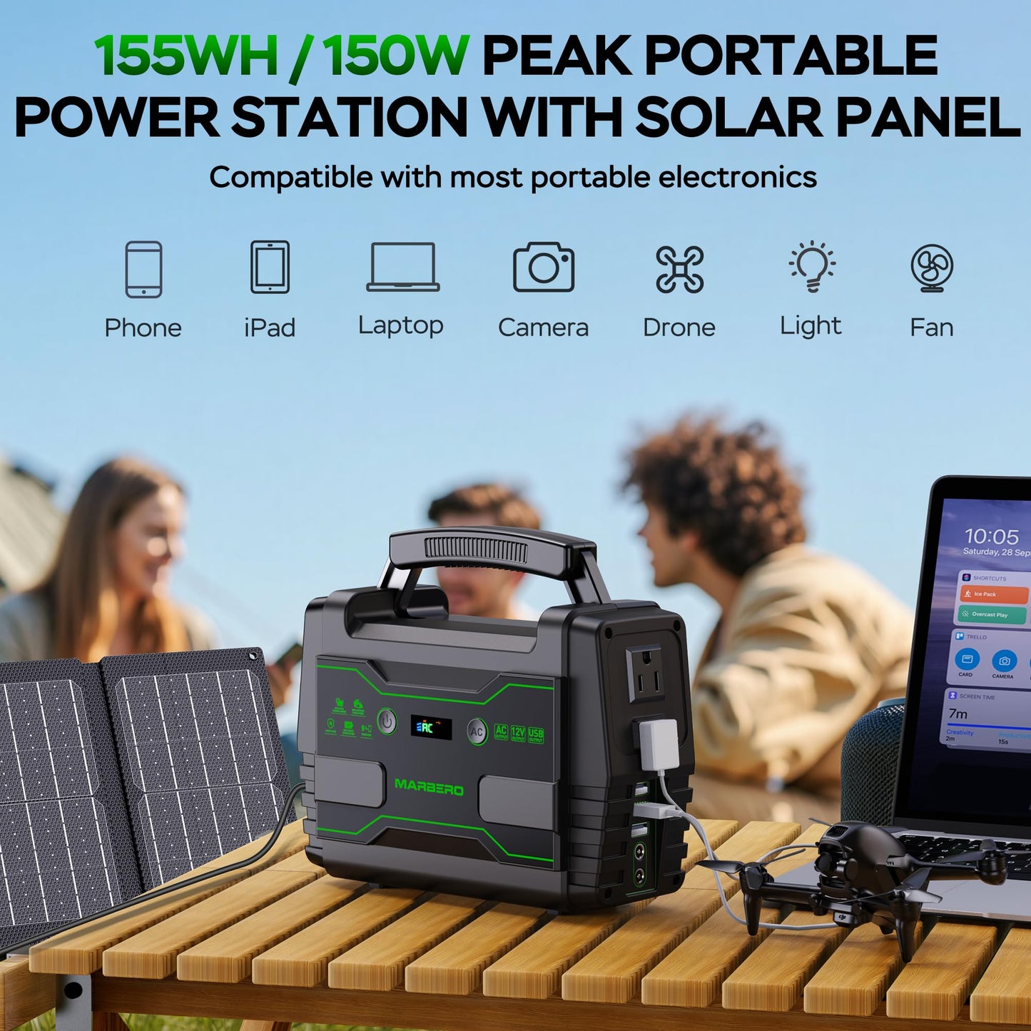 MARBERO 100W Solar Powered Generator with 30W Foldable Solar Panels 150Wh Lithium Battery Portable Power Station with AC DC and USB Outputs for Camping Emergency Home Backup Blackout Hiking
