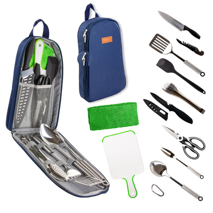Life 2 Go 12 Pcs Camp Cooking Utensil Set & Outdoor Kitchen Gear Cookware Kit, Portable Compact Carry Case for Camping, Hiking, Travel, BBQ Grilling Stainless Steel Accessories Spoon & Fork, Navy