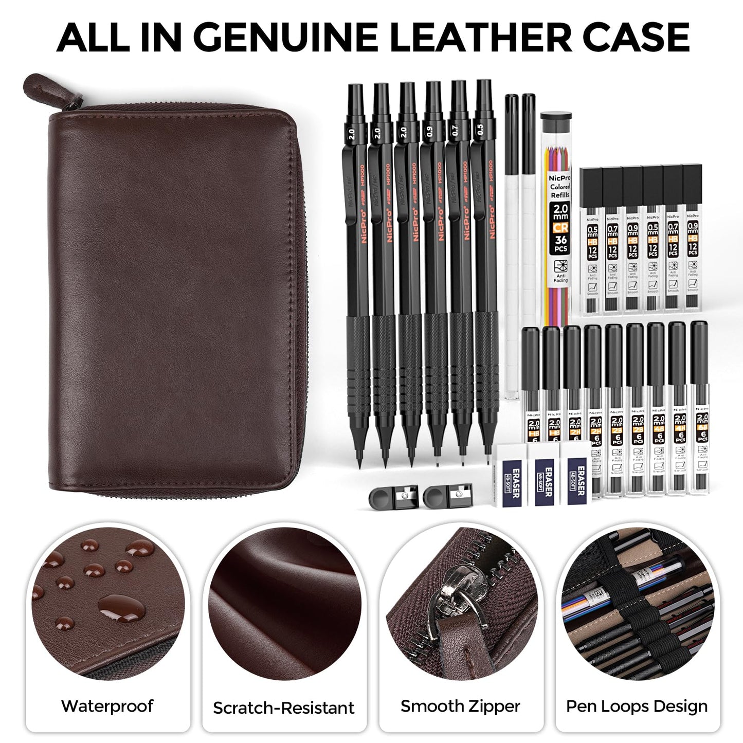 Nicpro 30PCS Black Metal Mechanical Pencil Set in Leather Case, Art Drafting Pencil 0.5, 0.7, 0.9 mm, 2mm Lead Pencil Holders for Sketching Drawing With 16 Tube (6B 4B 2B HB 2H 4H Colors)Lead Refills