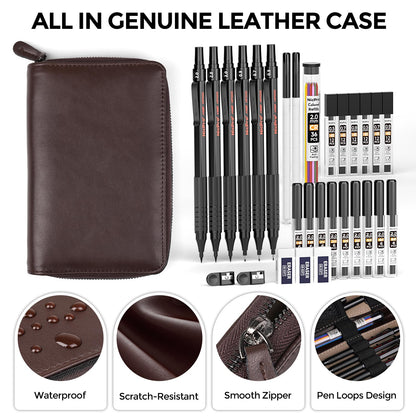 Nicpro 30PCS Black Metal Mechanical Pencil Set in Leather Case, Art Drafting Pencil 0.5, 0.7, 0.9 mm, 2mm Lead Pencil Holders for Sketching Drawing With 16 Tube (6B 4B 2B HB 2H 4H Colors)Lead Refills