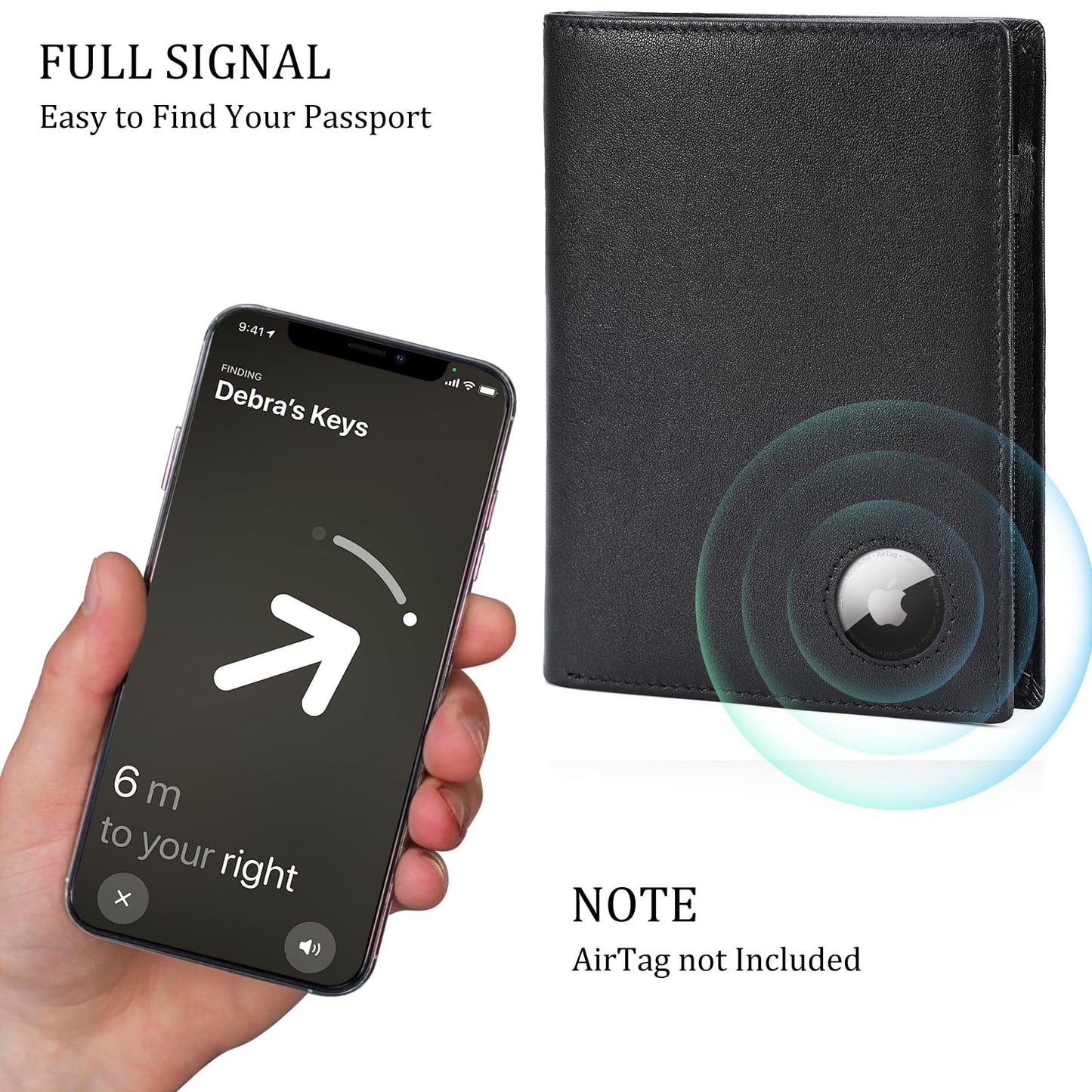 Polare Luxury RFID Blocking Leather Passport Holder Travel Wallet For Men and Women (Black with AirTag Slot)