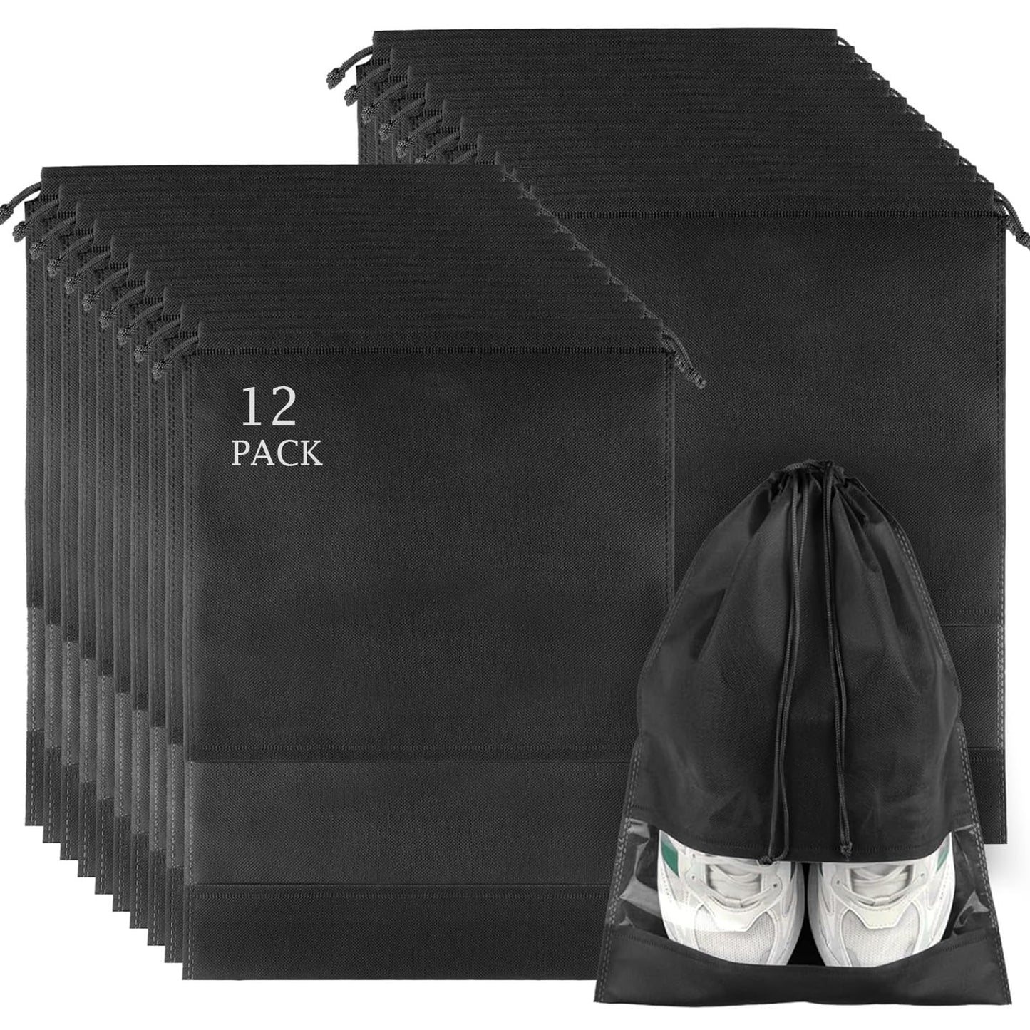 12 Pack Large Shoe Bags for Packing with Clear Window, Dustproof Drawstring Travel Shoe Storage Bags for Men & Women, Black