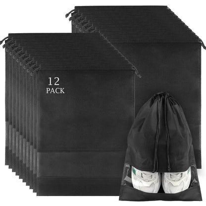 12 Pack Large Shoe Bags for Packing with Clear Window, Dustproof Drawstring Travel Shoe Storage Bags for Men & Women, Black