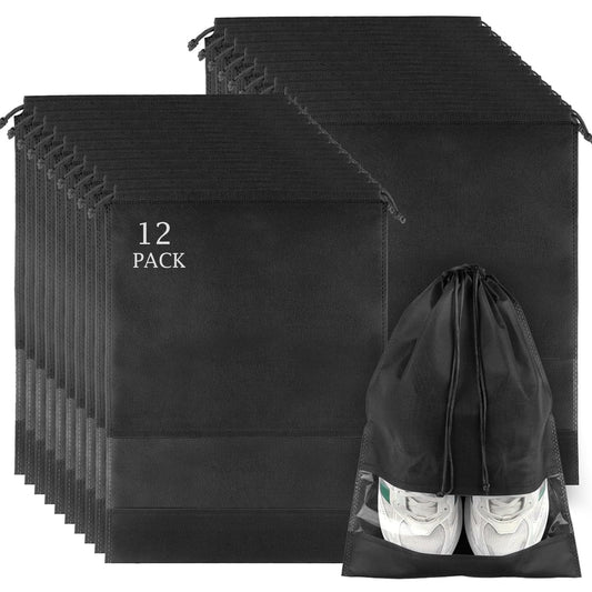 12 Pack Large Shoe Bags for Packing with Clear Window, Dustproof Drawstring Travel Shoe Storage Bags for Men & Women, Black