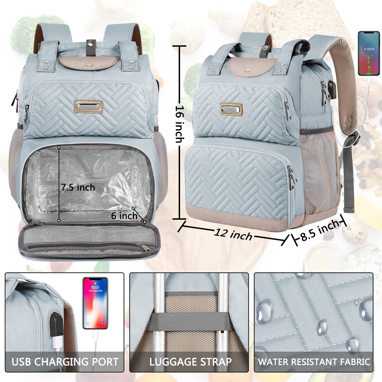 Mogplof Lunch Backpack for Women, 15.6 Inch Laptop Backpack with USB Port RFID Pocket, College Laptop Bookbag Work Travel Backpacks, Insulated Cooler Lunch Bag Gift for Business, Light Blue