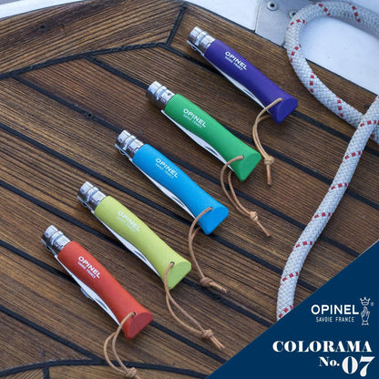 Opinel Colorama No.07 Folding Pocket Knife, Painted Wood Handles, Leather Lanyard (Anise)