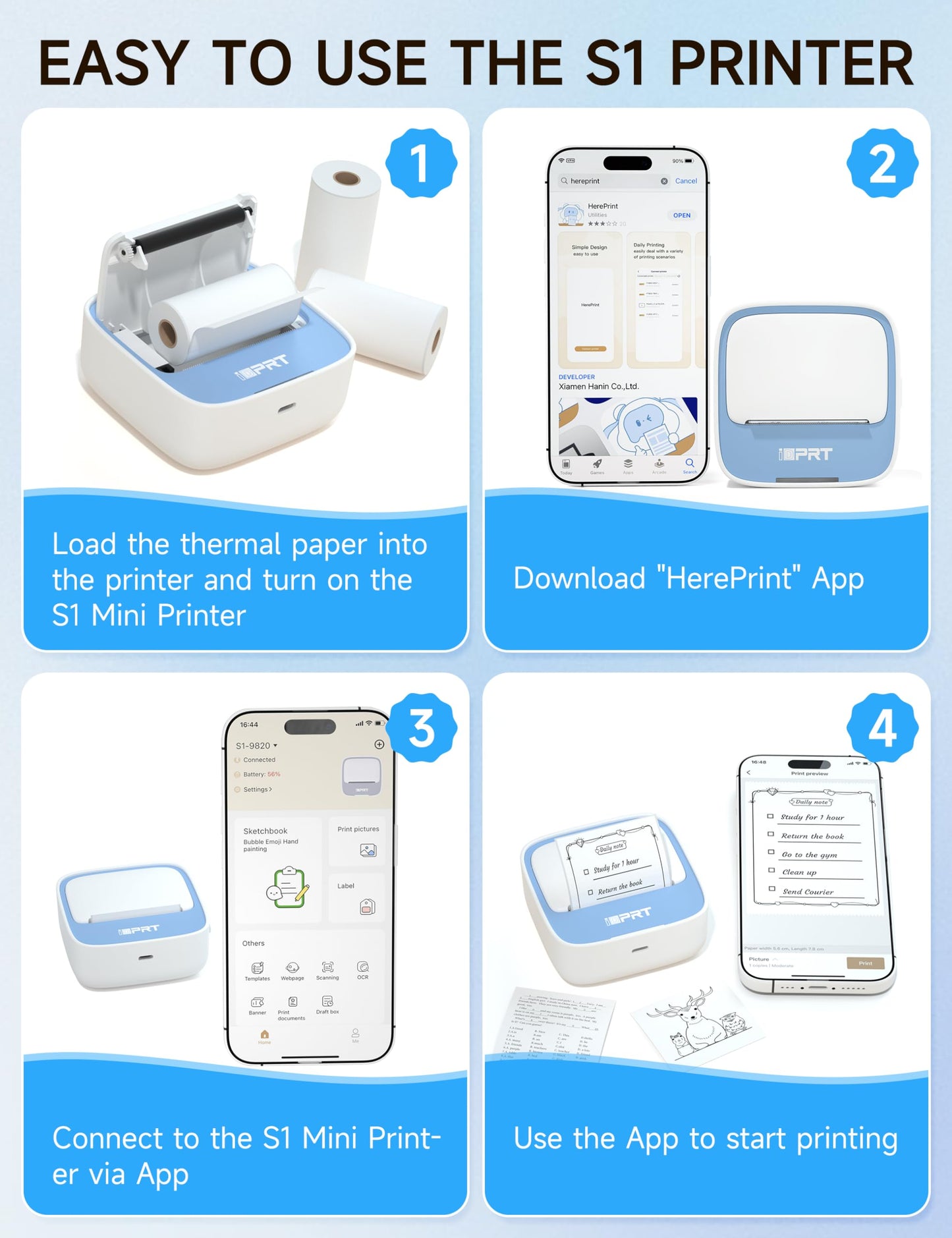iDPRT Portable Sticker Maker Machine with 1 Roll Sticker Paper, Mini Printer Efficiently and Quickly, Thermal Printer for Study Notes, Pictures, DIY, Label, Free App with Multiple Templates, Blue