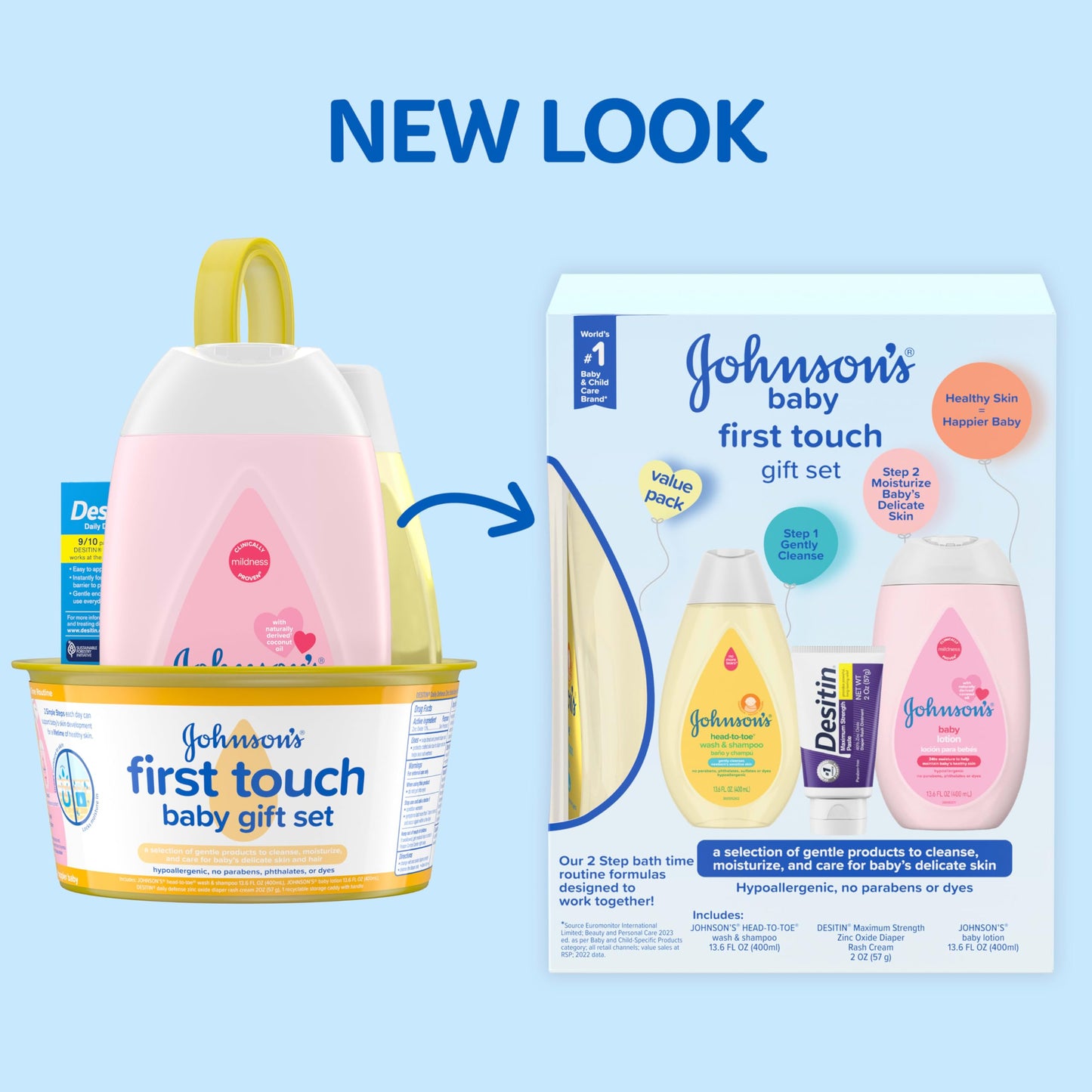 Johnson's First Touch Baby Gift Set, Baby Bath, Skin & Hair Essential Products, Kit for New Parents with Wash & Shampoo, Lotion, & Diaper Rash Cream, Hypoallergenic & Paraben-Free, 4 items