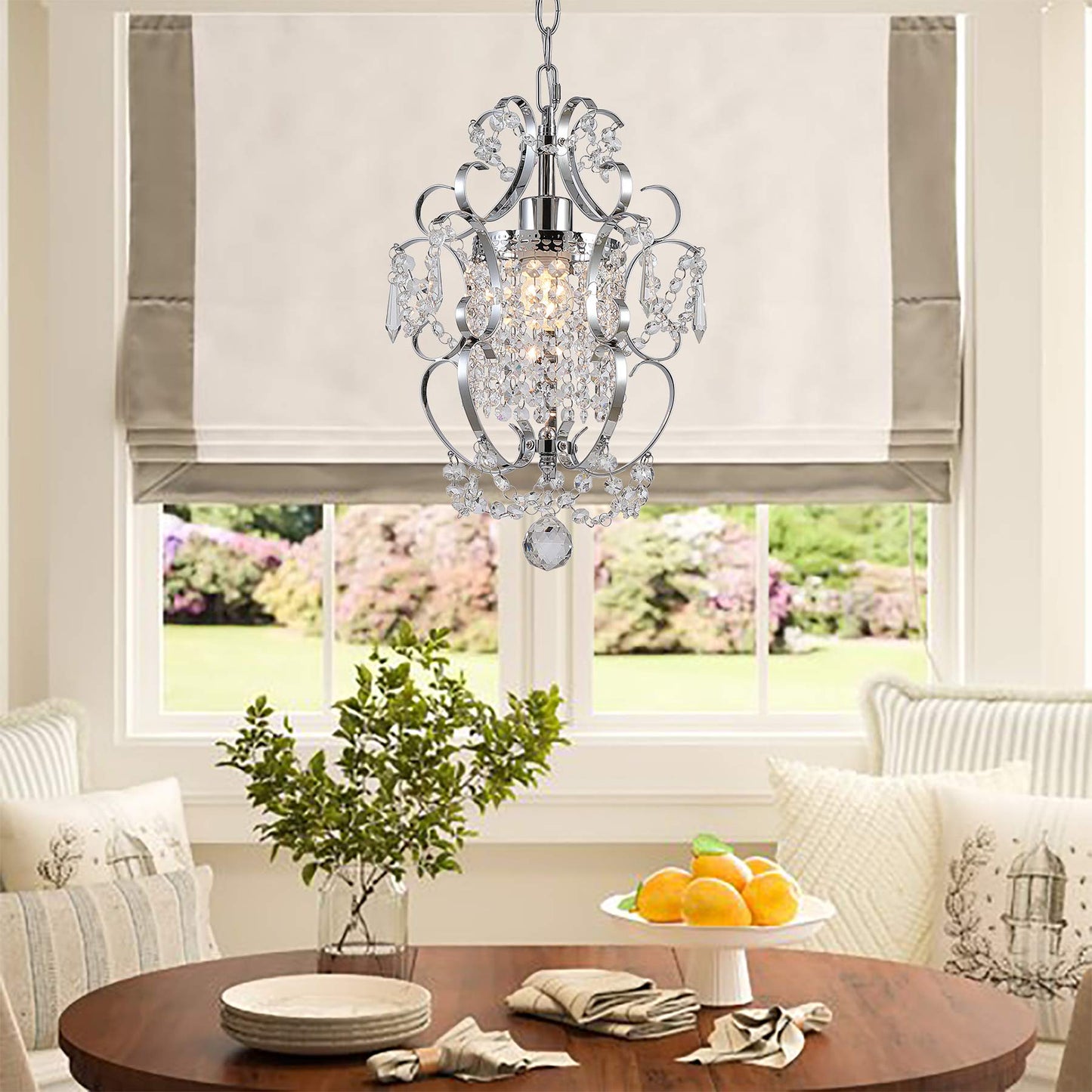 riomasee Plug in Chandelier Hanging Light Fixture with 14.27 Ft Hanging Cord and On/Off Switch,Mini Chrome Crystal Chandelier Light Fixture for Bedroom,Girls Room,Bathroom