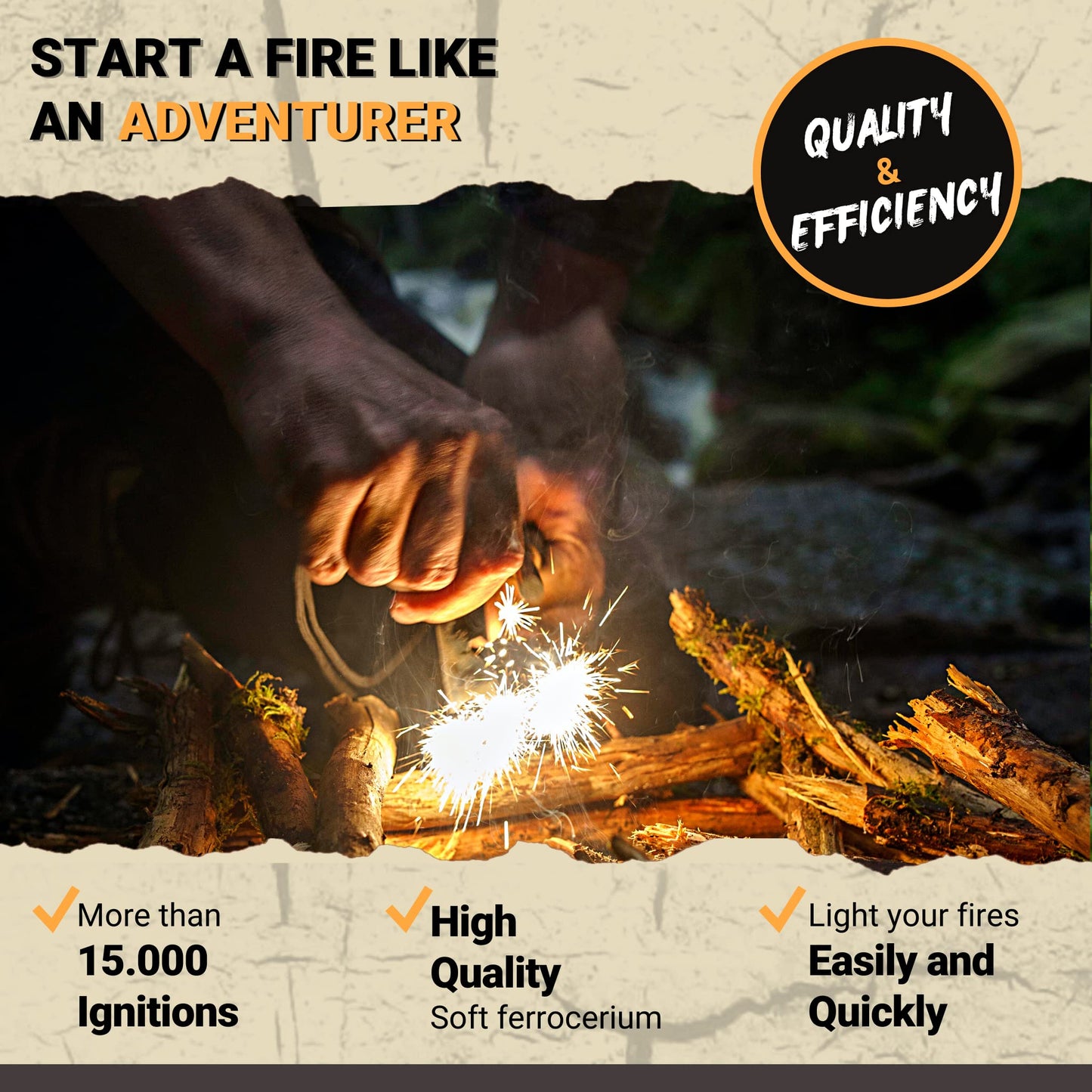 OURS FURTIF Fire Starter Survival Kit – 3/8" Ferro Rod with Multi-Tool Striker & Natural Fatwood Tinder – 15,000+ Strikes Waterproof Flint Fire Steel – Bushcraft, Camping & Emergency Gear