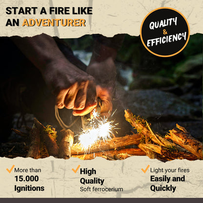 OURS FURTIF Fire Starter Survival Kit – 3/8" Ferro Rod with Multi-Tool Striker & Natural Fatwood Tinder – 15,000+ Strikes Waterproof Flint Fire Steel – Bushcraft, Camping & Emergency Gear