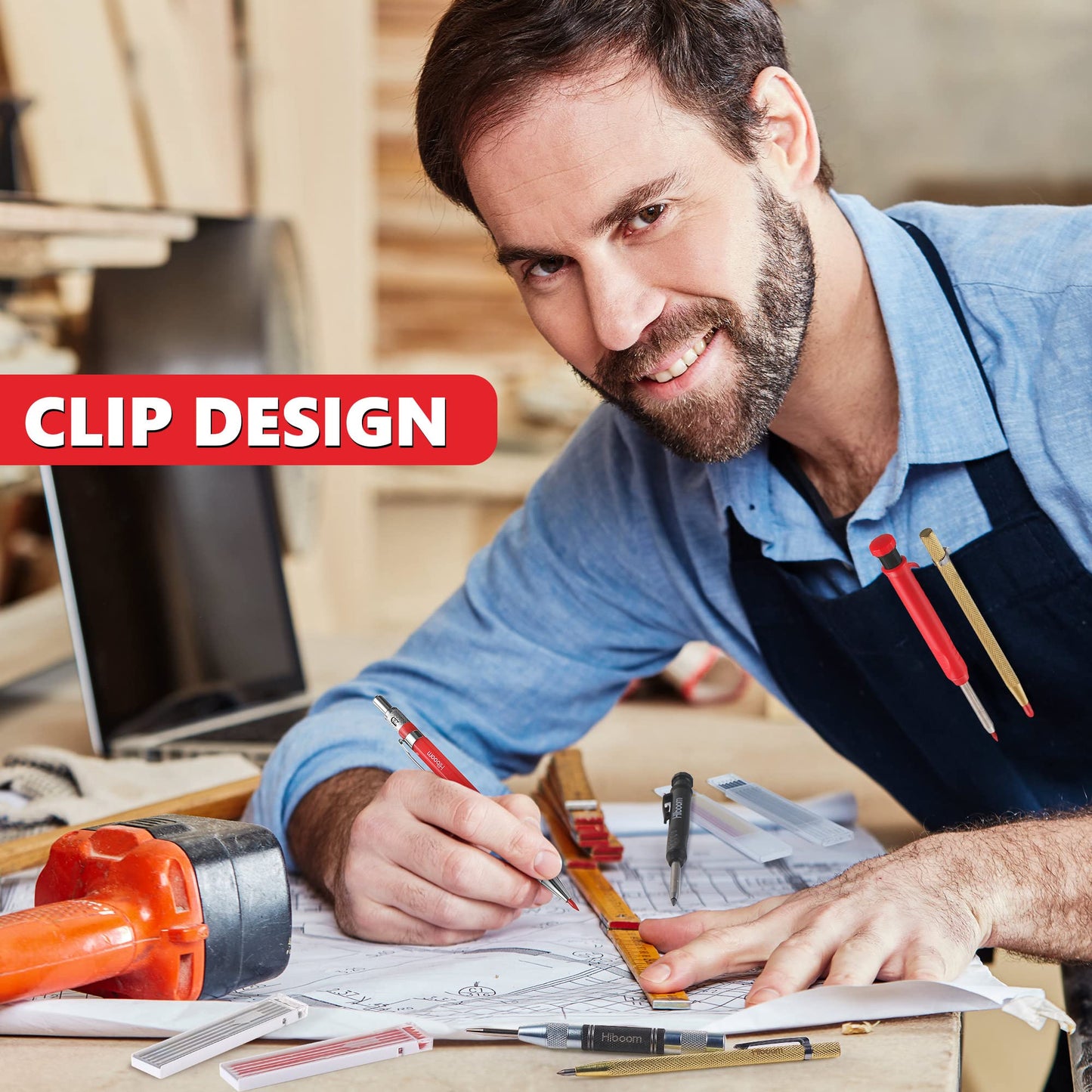 Hiboom 10 Pack Mechanical Carpenter Pencils Set with Sharpener & 36PCs 2.8mm Refills, Deep Hole Marker Pen, Automatic Center Punch, Carbide Scribe Tool, Heavy Duty Construction Pencil for Architect