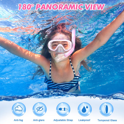 Kids Snorkel Set, Children Anti-Fog Diving Mask Swimming Goggles Full Dry Top Snorkel Equipment Snorkeling Packages Swimming Gear for Youth Boys Girls Age 5-10 (Pink White)