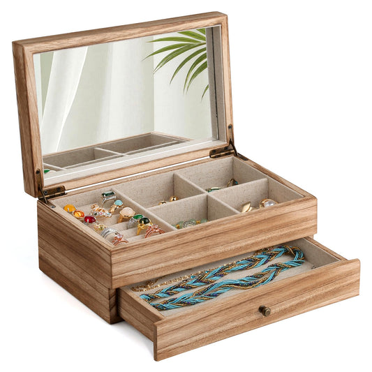 Meangood Jewelry Box Organizer for Women, 2 Layer Large Jewelry Storage Case, Rustic Wooden Jewelry Box with Mirror & Ring Tray for Necklace Earring Bracelets Rings, Vintage Style (Torched Wood)