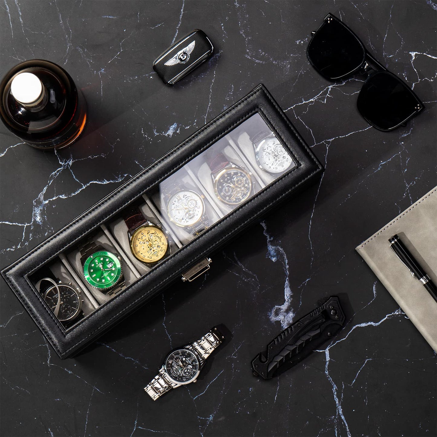 ProCase Watch Box for Men, 6 Slot Watch Display Case with Drawer, Mens Watch Case With Glass Lid, 2-Layer Jewelry and Watch Storage Watch Holder Organizer for Men Women -6 Slot, Black