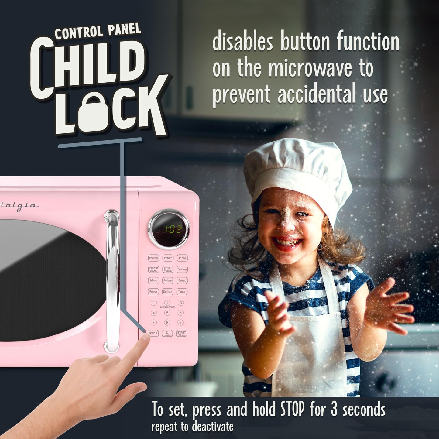 Nostalgia Retro Microwave Oven 0.7 Cu Ft, 700-Watt Countertop Size with Glass Turntable, Child Safety Lock, 8 Auto-Cook Programs, Digital Clock, Pink