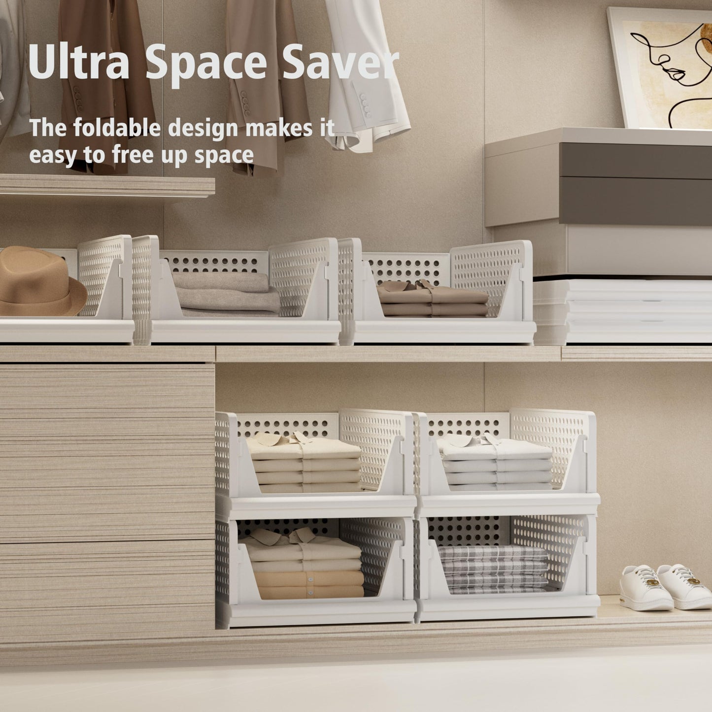 Proarea Stackable Plastic Storage Basket Closet Organizer Bin Foldable Clothes Organizer Storage Drawer Shelf Container for Living Room Bathroom Kitchen Office Laundry Room