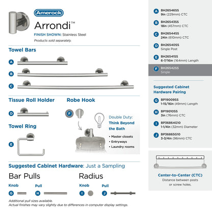 Amerock BH26542SS | Stainless Steel Single Robe Hook | 2-1/4 in. (57 mm) Length Towel Holder | Arrondi | Towel Hook for Bathroom | Bathroom Hardware | Bath Accessories