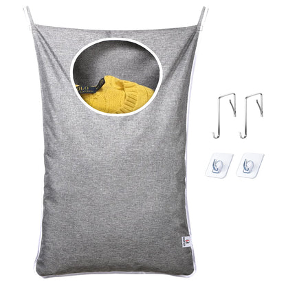 KEEPJOY Hanging Laundry Hamper Bag with Free Adjustable Stainless Steel Door 2 PCs Suction Cup Hooks, Best Choice for Holding Dirty Clothes and Saving Space, Grey