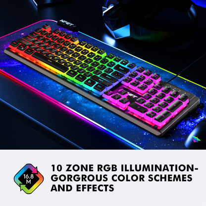 NPET K10V4 Wired Gaming Keyboard, RGB 10 Zone Backlit, Spill-Resistant Design, Multimedia Keys, Quiet Silent USB Membrane Pudding Keyboard for Desktop, Computer, PC