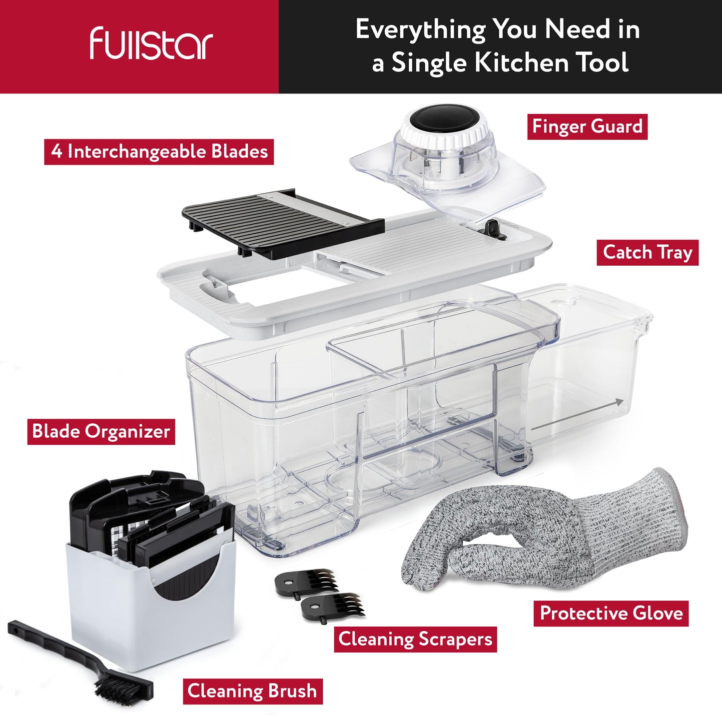 Fullstar All-in-1 Vegetable Chopper and Mandoline Slicer for Kitchen - Cheese Grater, French Fry Cutter, Cheese Slicer - Bonus Handheld Spiralizer Included (4 in 1, Black/White)