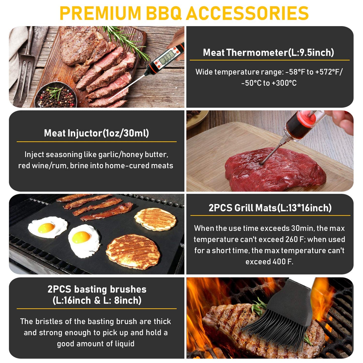 34Pcs Grill Accessories Grilling Gifts for Men, 16 Inches Heavy Duty BBQ Accessories, Stainless Steel BBQ Tools with Thermometer, Grill Mats for Backyard, BBQ Gifts Set for Men Women