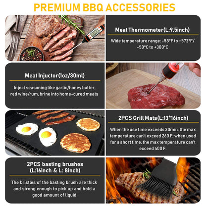 34Pcs Grill Accessories Grilling Gifts for Men, 16 Inches Heavy Duty BBQ Accessories, Stainless Steel BBQ Tools with Thermometer, Grill Mats for Backyard, BBQ Gifts Set for Men Women