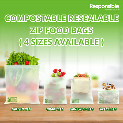 Responsible Products Certified Compostable QUART Resealable Zip Bag, Extra Strength Food Bags, Plant-Based Freezer-Safe (58 Pack)