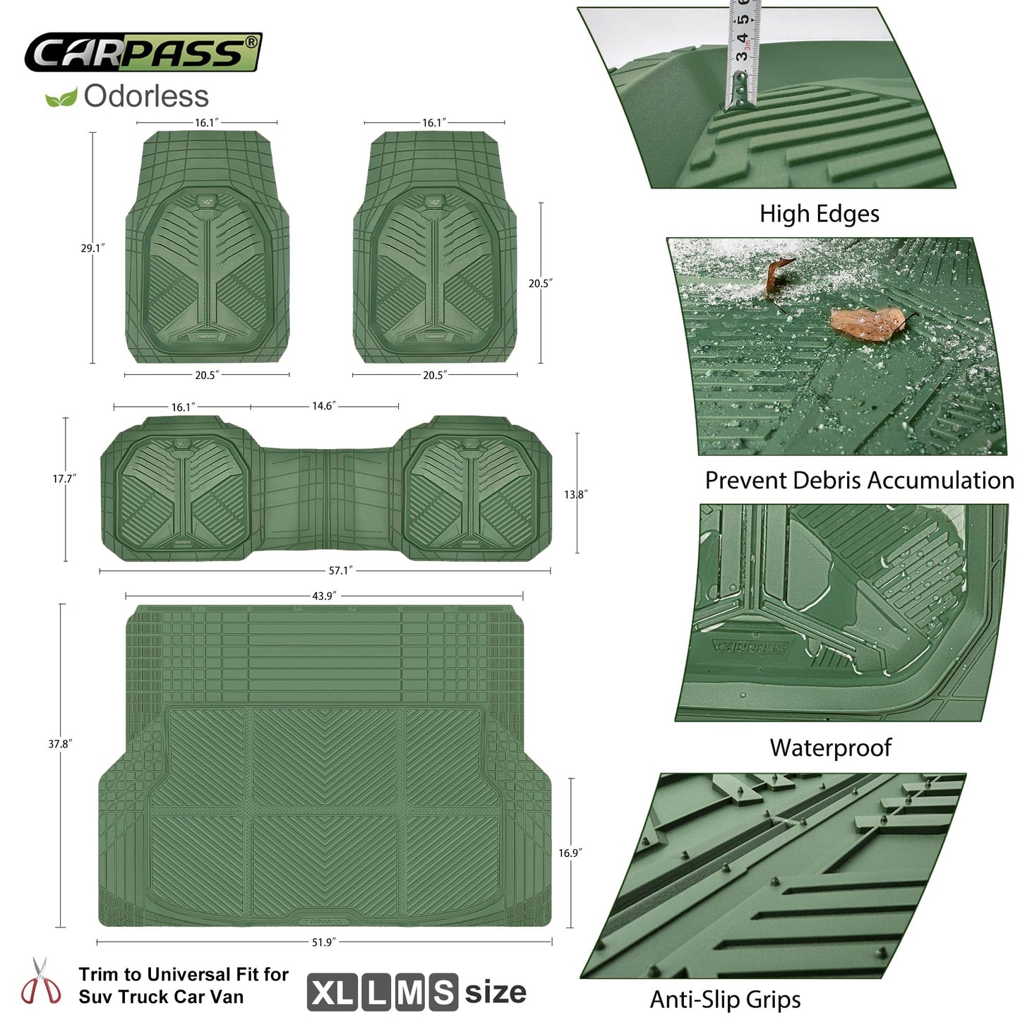 CAR PASS Heavy Duty Rubber Car Mats with Cargo Liner, Deep-Dish Car Floor Mats and Trunk Mat All Weather, Universal Trim-to-Fit for SUVs Trucks Sedans, Waterproof Anti-Slip, Trimmable V12 Olive Green