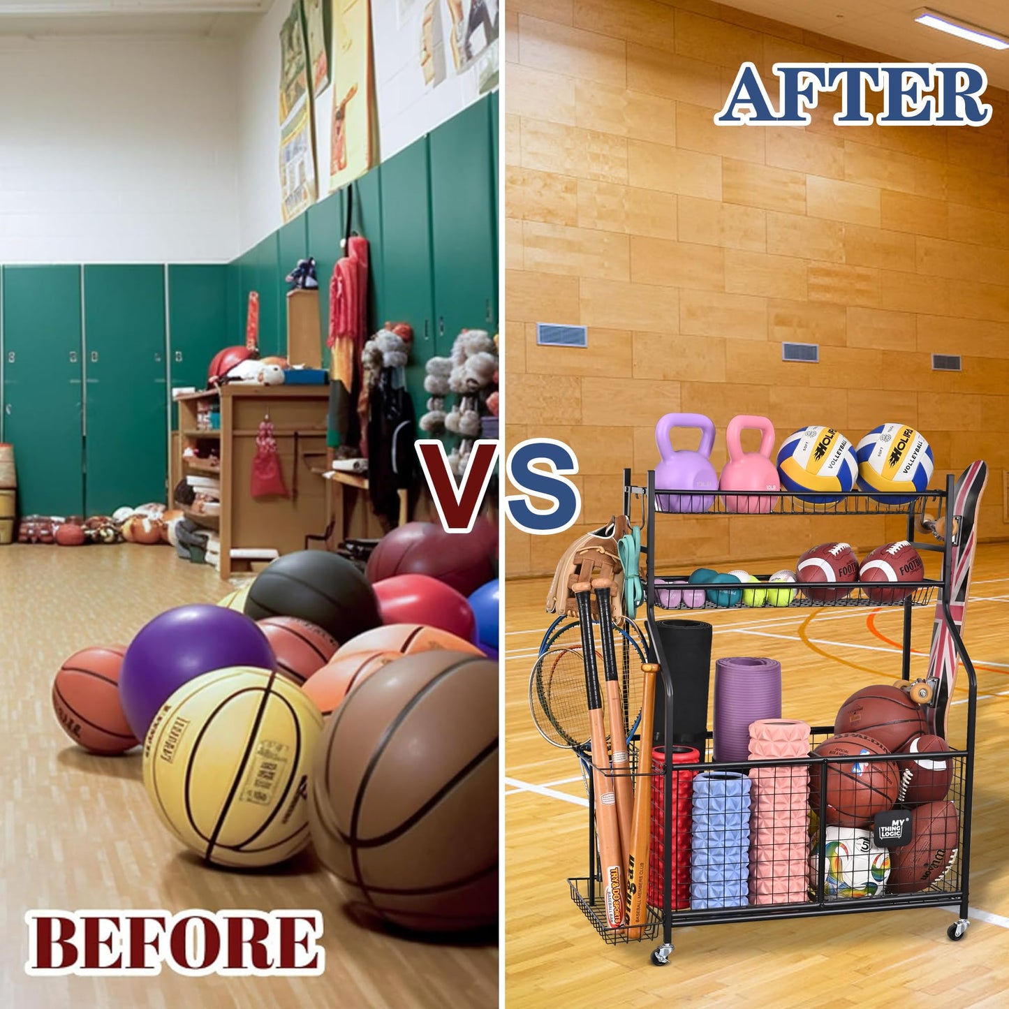 Mythinglogic Sports Equipment Garage Organizer,Garage Ball Storage for Sports Gear and Toys, Rolling Ball Cart with Wheels for Indoor/Outdoor Use