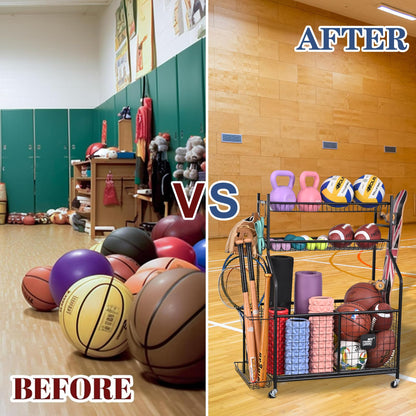 Mythinglogic Sports Equipment Garage Organizer,Garage Ball Storage for Sports Gear and Toys, Rolling Ball Cart with Wheels for Indoor/Outdoor Use