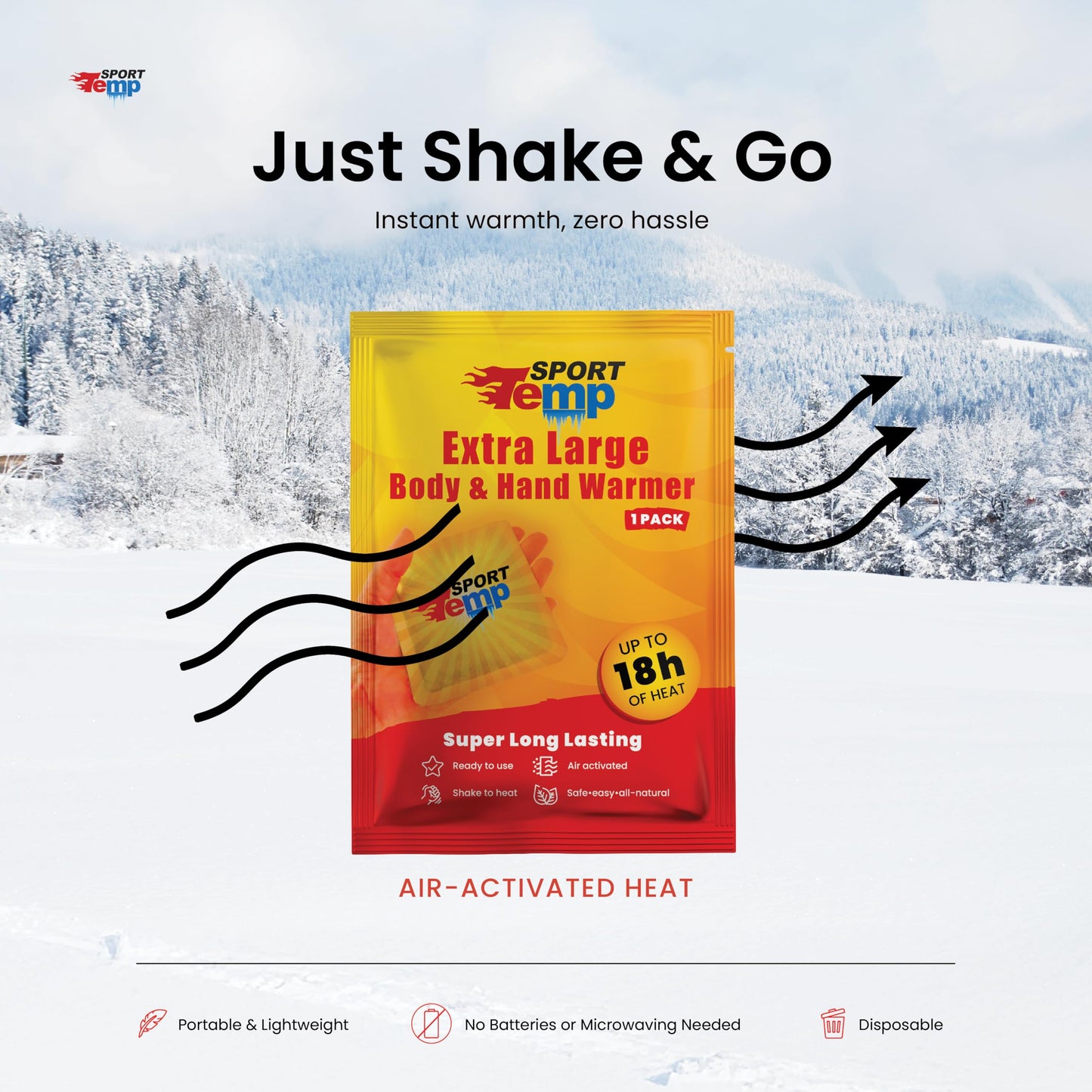 Large Hand & Body Warmers (45 Count) - Up to 18 Hours of Heat, Super Long Lasting - Easy, All Natural - Air Activated, for Body, Hands & Toes - Odorless Hot Hand Warmer - Sport Temp (45 Pack)