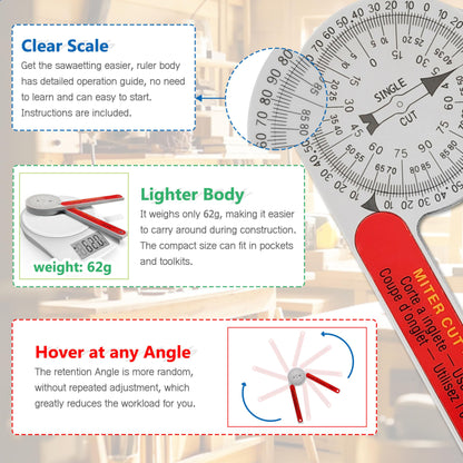 Miter Saw Protractor Replacement for #505P-7 Angle Finder Featuring Precision Laser-Inside & Outside Miter Angle Finder Protractor for All Building Trades, Plumbers, Carpenters Plastic （Red）