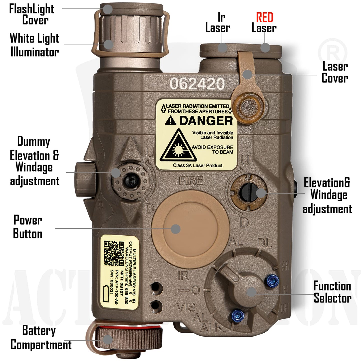 ACTIONUNION Airsoft PEQ-15 IR Laser + Visible Red Laser + White LED Flashlight (Tan)