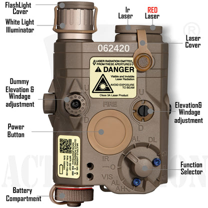 ACTIONUNION Airsoft PEQ-15 IR Laser + Visible Red Laser + White LED Flashlight (Tan)