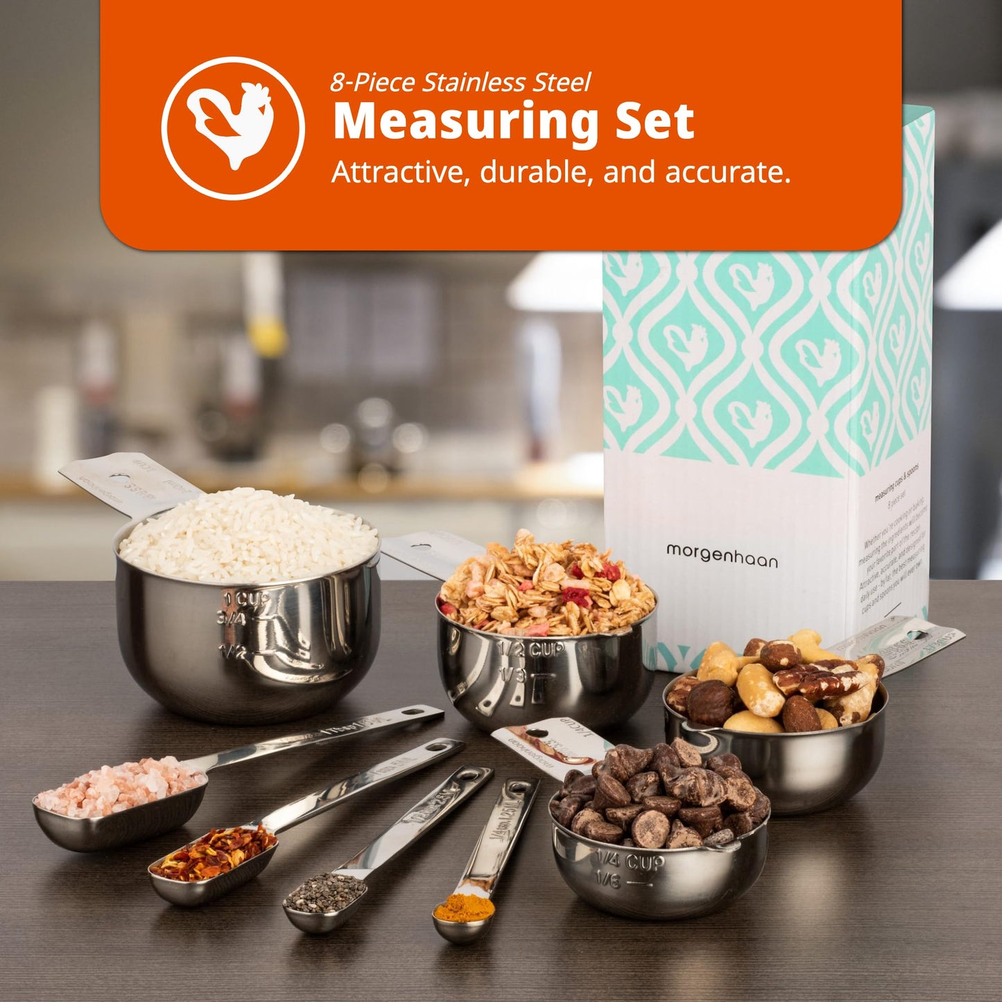 Morgenhaan Premium 304 Stainless Steel Measuring Kit - 8-Piece Essential Cups and Spoons for Everyday Use, Stackable & Durable