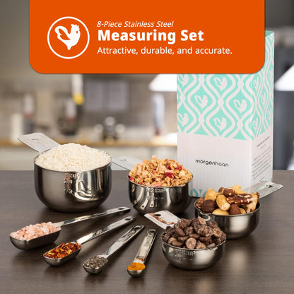 Morgenhaan Premium 304 Stainless Steel Measuring Kit - 8-Piece Essential Cups and Spoons for Everyday Use, Stackable & Durable
