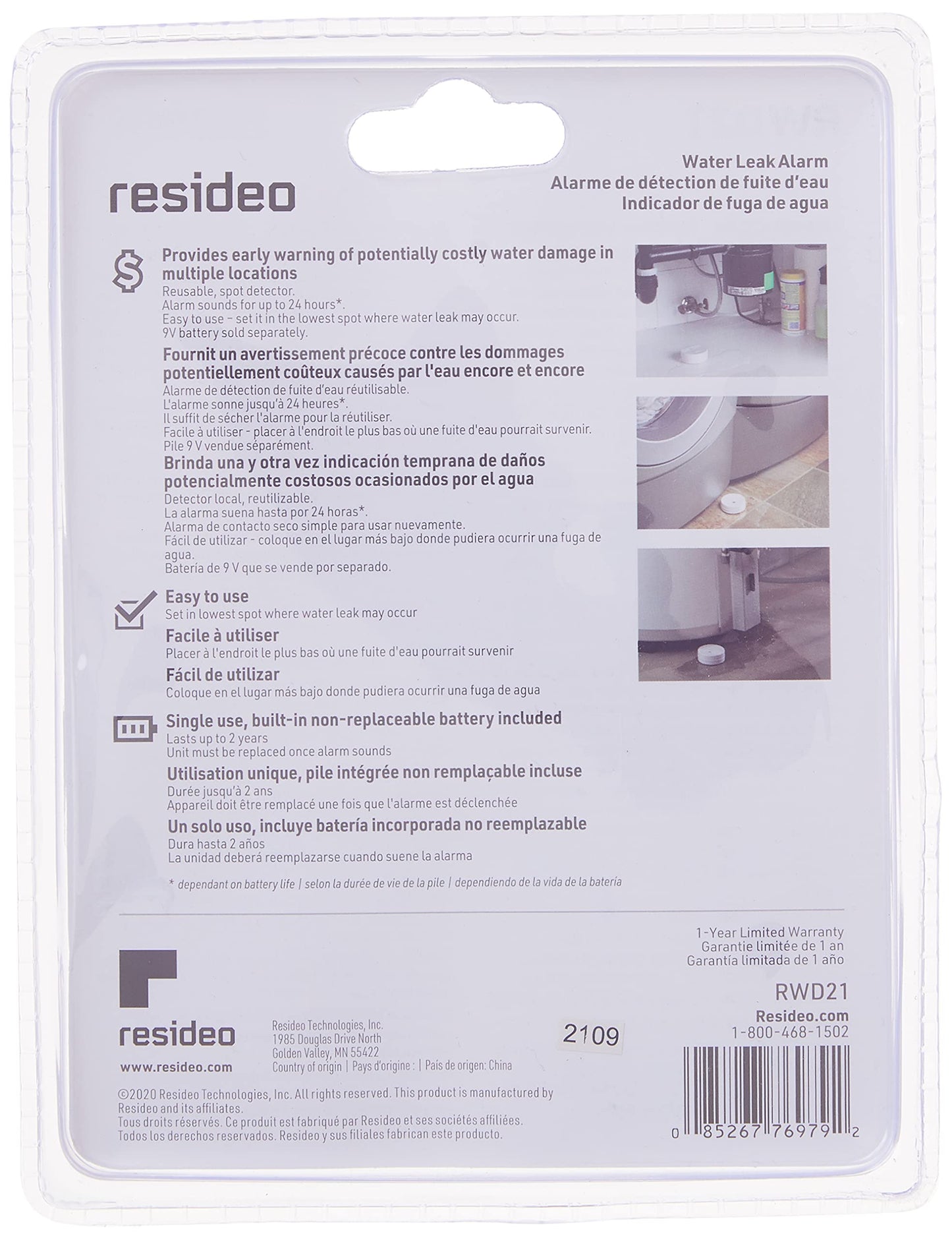 Resideo RWD21 Reusable Water Leak Alarm,White