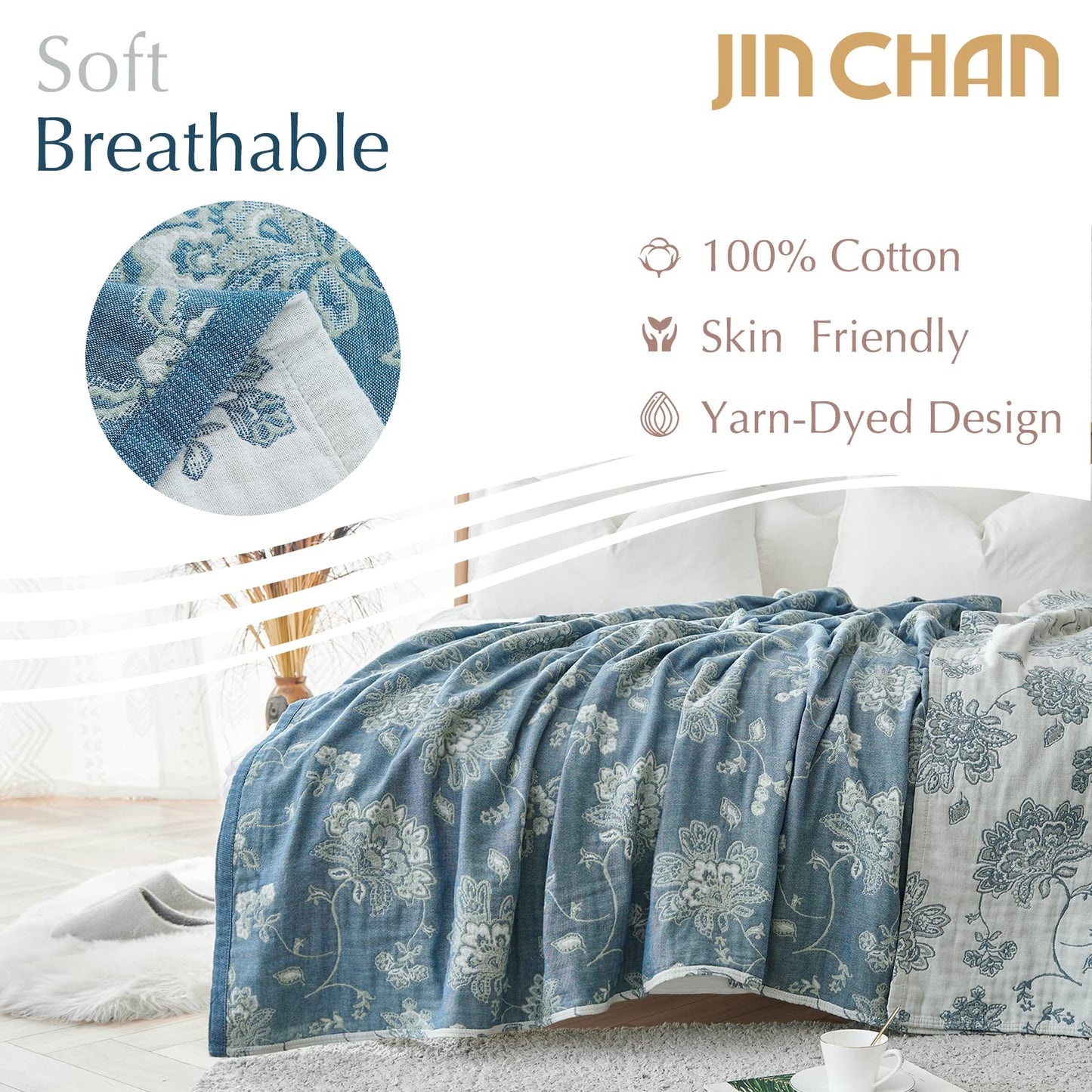 jinchan Boho 100% Cotton Muslin Twin Size 60x80 Inches Blanket Lightweight 4-Layer Quilted Soft Blue and White Floral Throw Blanket Green Accents Reversible Comfy Flower Summer Couch Bedroom Decor
