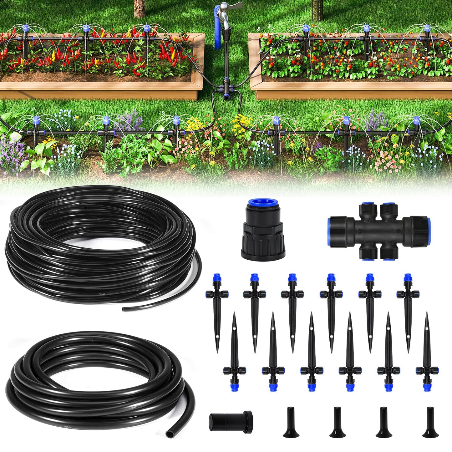 HIRALIY 50FT Garden Watering System, Drip Irrigation Kits for Plants, New Quick Connector, Blank Distribution Tubing, Saving Water Automatic Irrigation Equipment for Patio Lawn