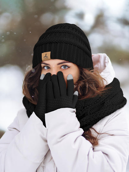 LOROME Winter Beanie Hat Scarf Gloves, Warm Fleece Knit Winter Hats Touch Screen Gloves Neck Scarf Set Winter Gifts for Women Men