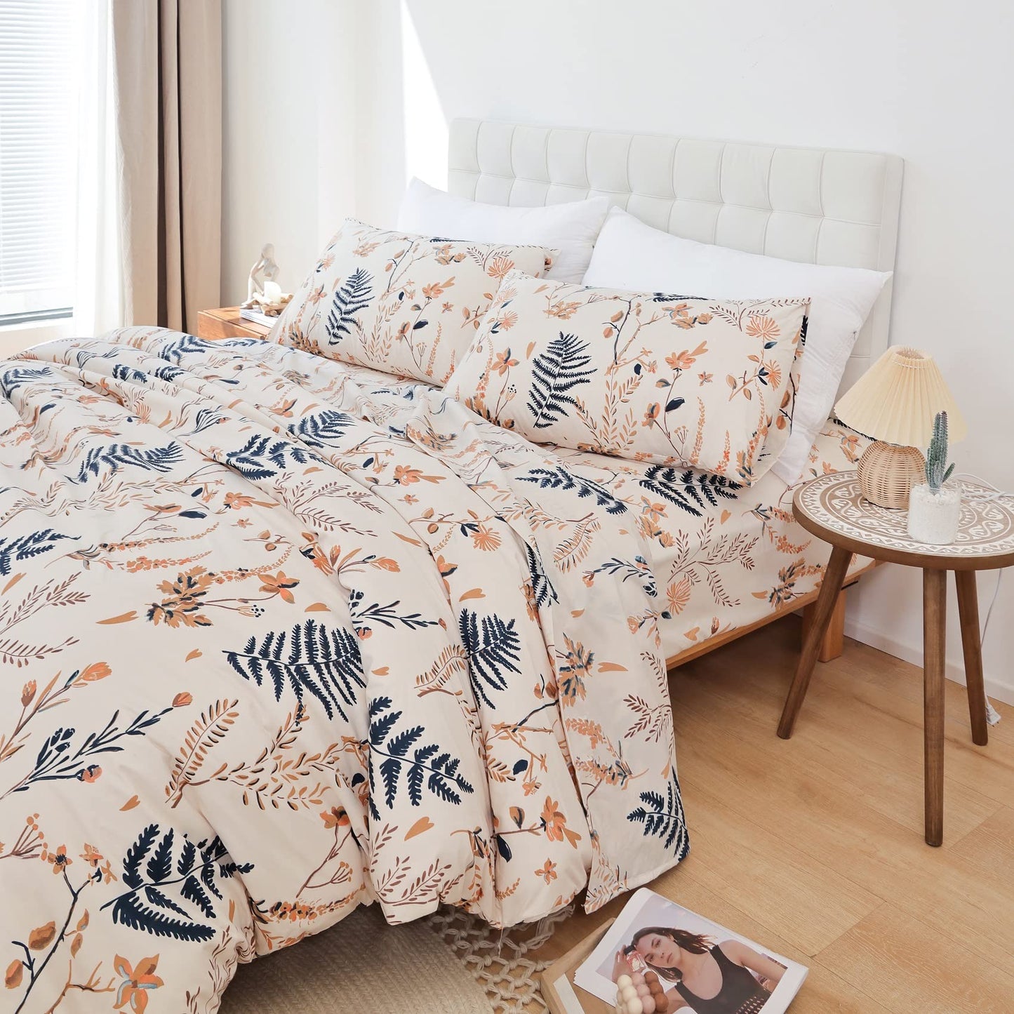 JSD Boho Floral Printed Sheet Set Queen Size 4 Piece, Soft Botanical Pattern Microfiber Sheets Extra Deep Pocket