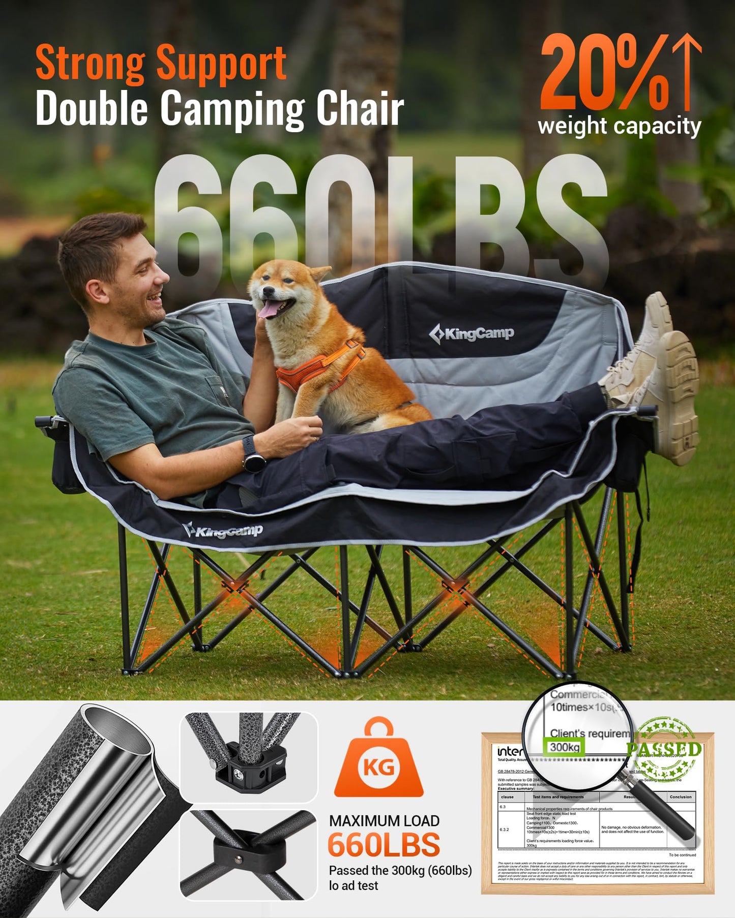 KingCamp Double Camping Chair, Oversized 660lbs Heavy Duty Loveseat for Adults Portable Folding XL 2 Person Couch Padded Comfortable Two Seat with Cup Holder for Outdoor Lawn Backyard, Black/Grey