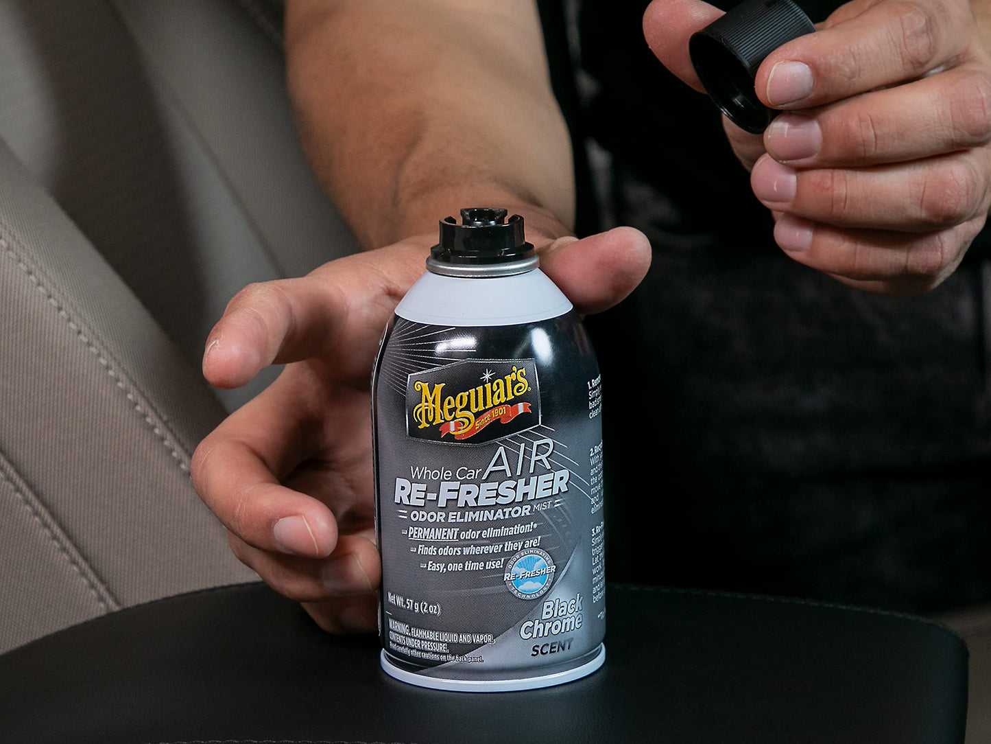 Meguiar's Whole Car Air Refresher, Car Odor Eliminator Spray Permanently Eliminates Unwanted Vehicle Odors Throughout Your Interior, Black Chrome Scent, 2 Oz Aerosol Canister