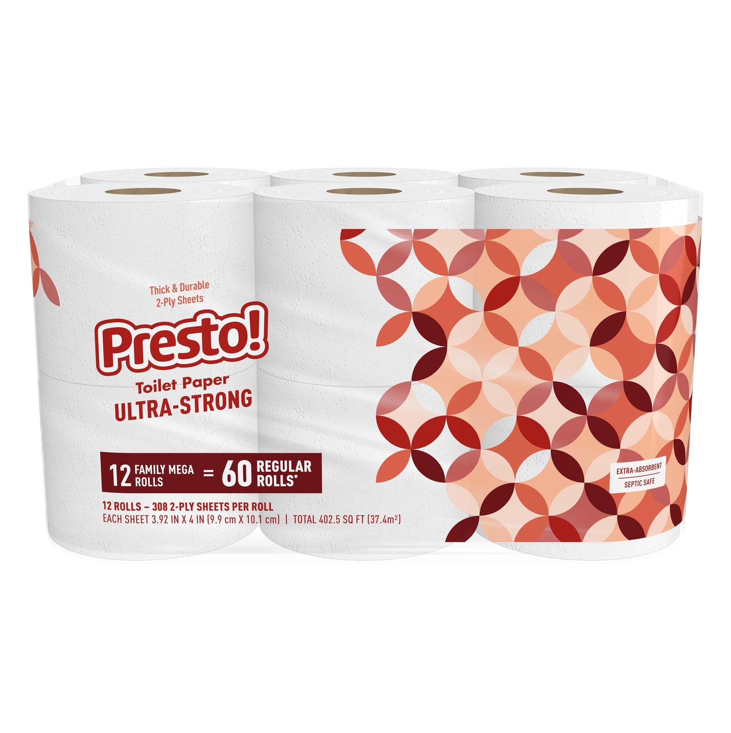 Amazon Brand - Presto! 2-Ply Ultra-Strong Toilet Paper, 12 Mega Rolls Toilet Paper = 60 regular rolls, 308 Sheet (Pack of 12), Unscented