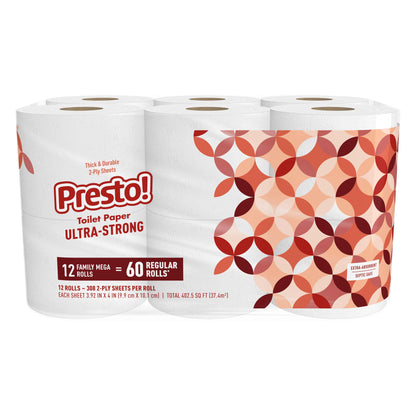Amazon Brand - Presto! 2-Ply Ultra-Strong Toilet Paper, 12 Mega Rolls Toilet Paper = 60 regular rolls, 308 Sheet (Pack of 12), Unscented